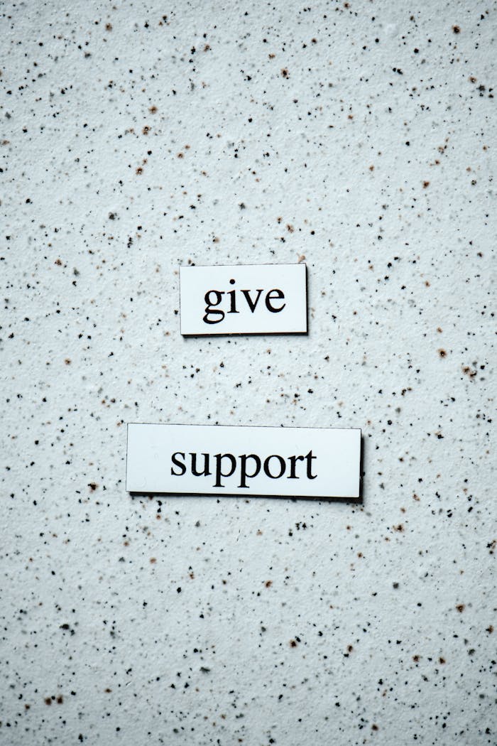 Text saying give support on a textured surface, promoting encouragement.